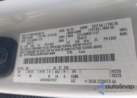 2024 Ford F-150 Lariat from USA, damaged, VIN 1FTFW5L53RFA91496